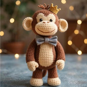May include: A handmade crochet monkey doll with a brown body, tan face, ears, and hands, and a gray bow tie. The monkey wears a small gold crown. The doll is standing upright.