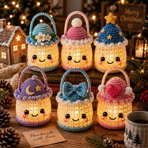 Peut inclure: Six housses de lanterne au crochet avec des visages souriants et des anses. Chaque modèle possède un sommet unique : un bonnet bleu à fleurs, un pompon rose, une étoile bleue, une lune et étoile violettes, un nœud bleu et un cœur rose.