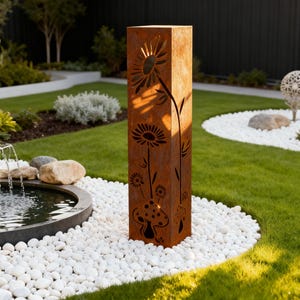 Corten Steel Garden Column: Floral Cutout Sculpture Light Cover, Modern Yard Art (Height 32cm)
