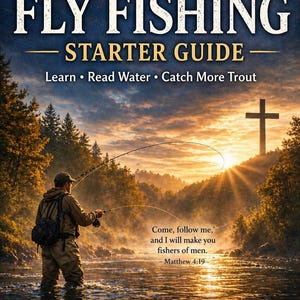 May include: Fly fishing starter guide cover with a fisherman in a river, text: "Master the Basics Fast Fly Fishing Starter Guide." Includes "Learn, Read Water, Catch More Trout." Features a cross and the quote "Come, follow me, and I will make you fishers of men."