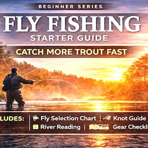 May include: A beginner's guide to fly fishing. The cover features a person fly fishing in a river at sunset. The guide includes a fly selection chart, knot guide, river reading, and gear checklist. The text reads "Catch More Trout Fast."