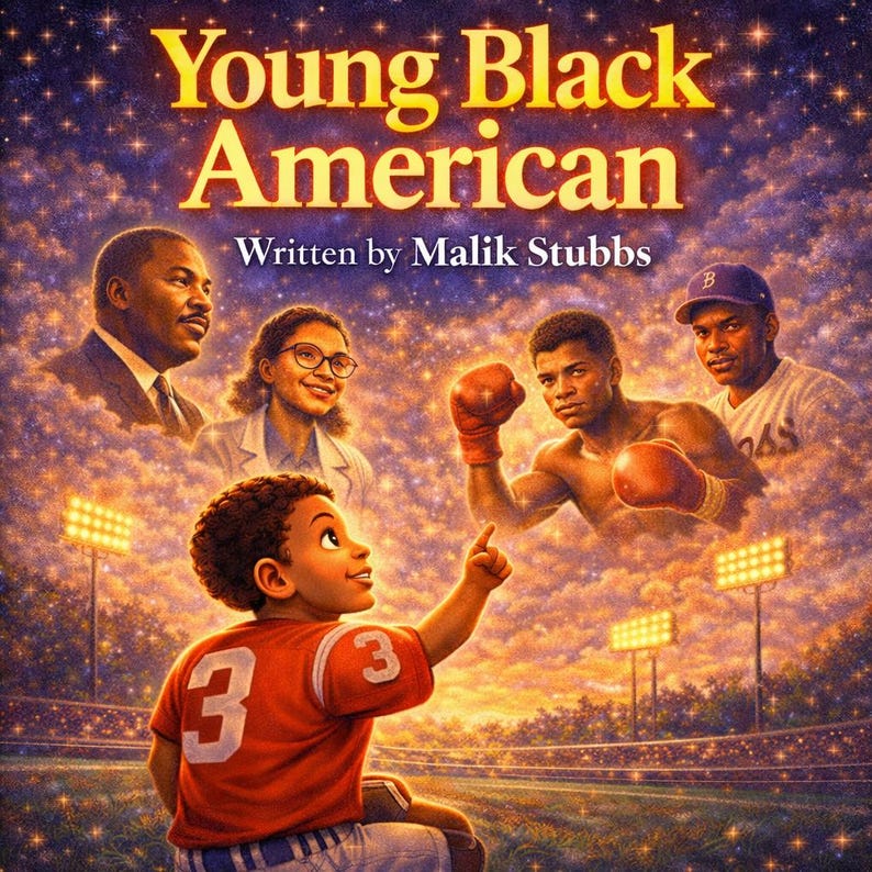 Puede incluir: Ilustraci&oacute;n del libro "Young Black American" de Malik Stubbs. La imagen presenta a un ni&ntilde;o con una camiseta roja con el n&uacute;mero 3, mirando im&aacute;genes de figuras hist&oacute;ricas. El fondo es un cielo estrellado con luces de estadio.
