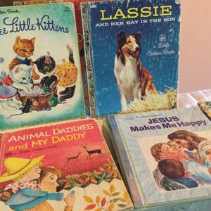 May include: A collection of vintage Little Golden Books, including "Three Little Kittens", "Lassie and Her Day in the Sun", "Animal Daddies and My Daddy", "Jesus Makes Me Happy", and "The Little".