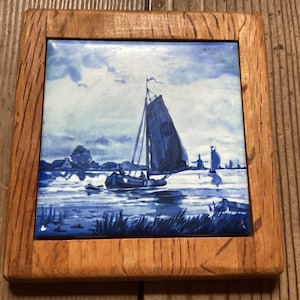 Trivet Dutch Blue Sailboat Ceramic Tile Wood Vintage