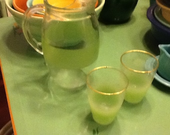 1940 Frosted Green Glass Pitcher and Glasses