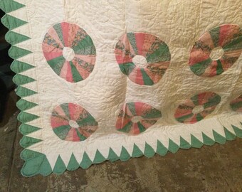 Quilt Dresden Plate King Pink Green Vintage