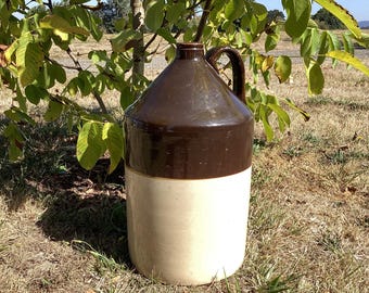 May include: A two-tone stoneware jug with a dark brown top and a cream-colored base. The jug has a handle and is set outdoors in a grassy area with a tree in the background. This vintage-style jug is suitable for home decor.