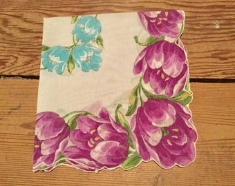 Handkerchief Purple Turquoise Flowers Vintage