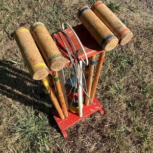 Croquet Set Antique Standing Rack Mallets Stakes