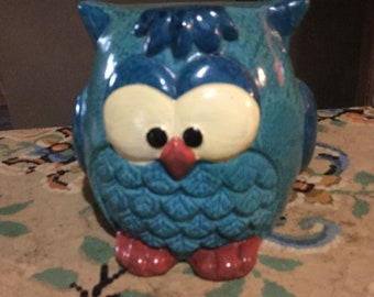 Piggy Bank Clay 1960 Owl Turquoise