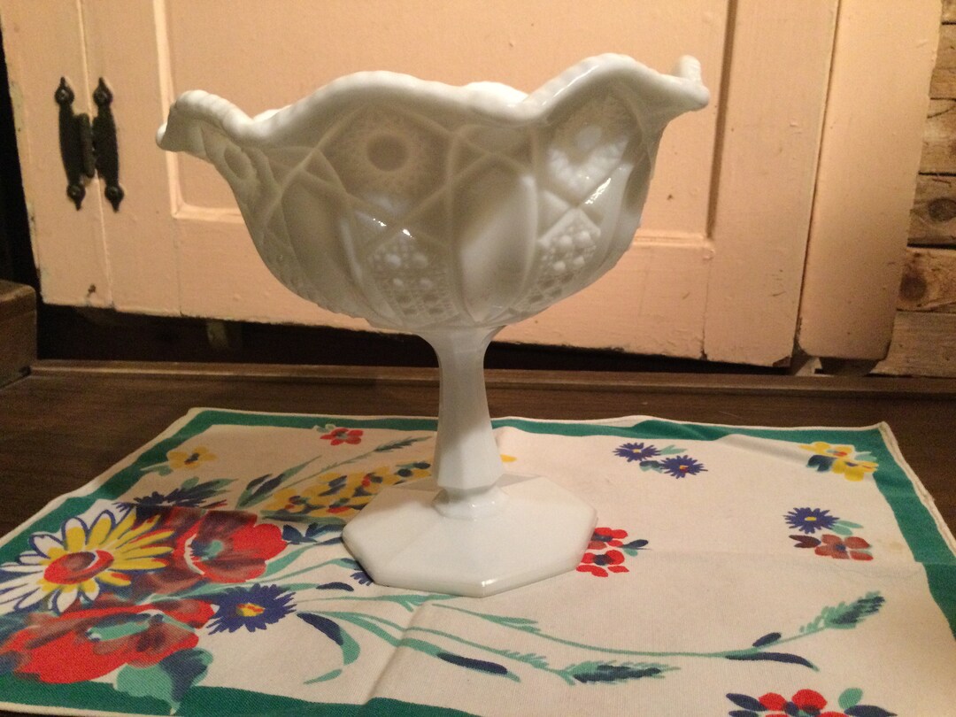 Milk Glass Bowl Pedestal Dish Large Vintage Etsy