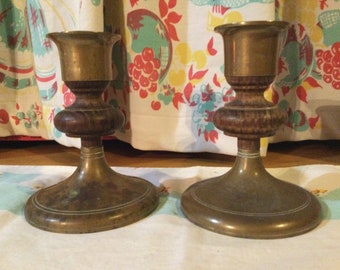 Candlestick Brass Wood Vintage