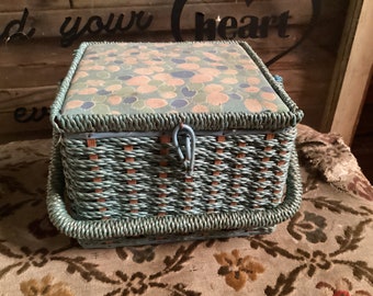 Sewing Basket Turquoise Wicker Antique