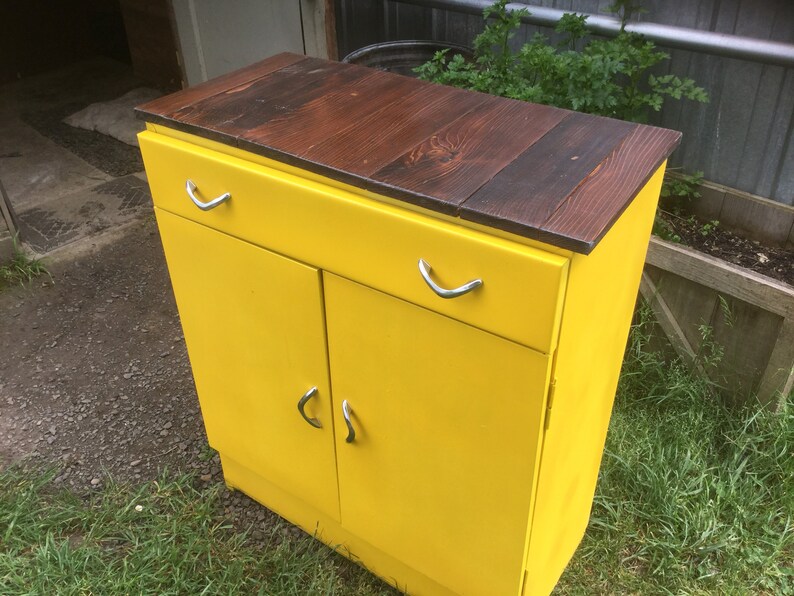 Cabinet Metal Kitchen 1950 Yellow Barn Wood Top Etsy