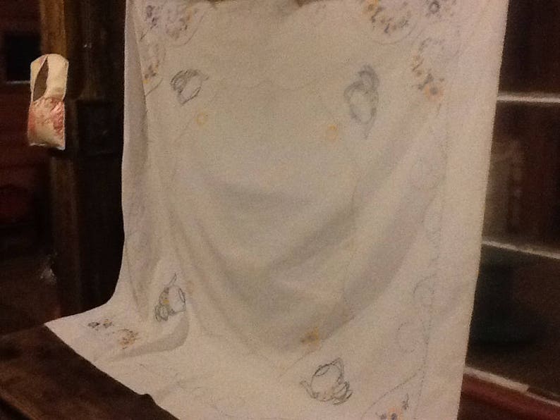 Tablecloth Embroidered Teapots Cup Saucer Vintge