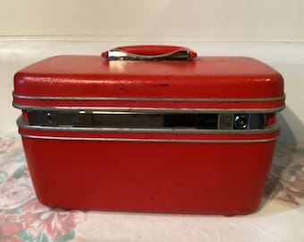 Train Case Samsonite Makeup Red Vintage Lined