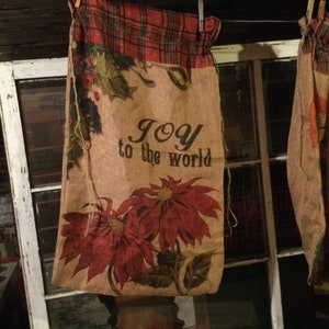 Holiday Jute Bags Santa Poinsettias Drawstring