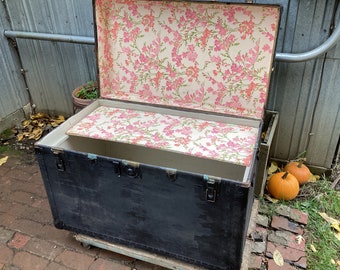 Trunk Steamer Black Wood Chest Antique Wallpapered