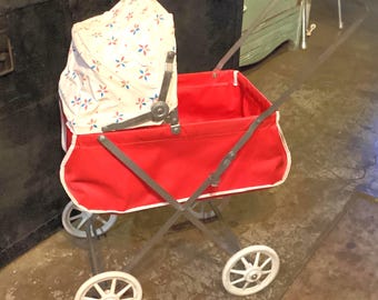 Stroller Doll Toy Pram Red Wheeled Pretend Play 1950