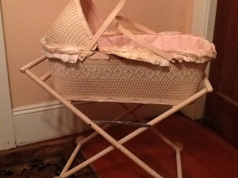 Pink Wicker Baby Crib 1940 Bassinette Wood Base Furniture ...