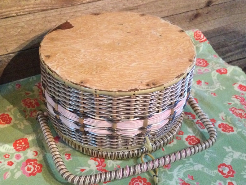 Sewing Basket Box Pink Round Vintage Childs Etsy