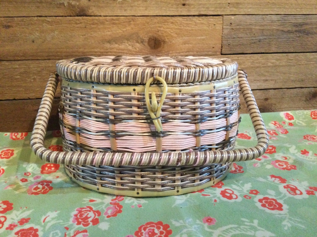 Sewing Basket Box Pink Round Vintage Childs Etsy