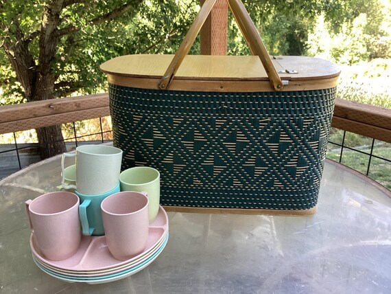 Picnic Basket Woven Wood Green Gothamware Dishes Vintage