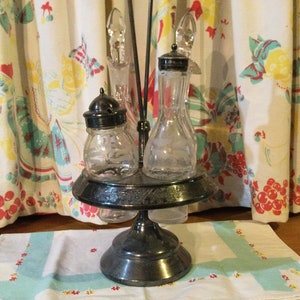 Cruet Set Silver Plate Etched Glass Victorian