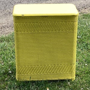 May include: A rectangular, woven basket with a lid. The basket is a light green color and sits on a bed of green grass. The lid is a lighter shade of green than the basket.