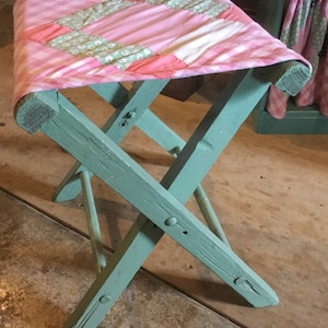 Stool Folding Quilt Top Wood Seagoam Green Vintage