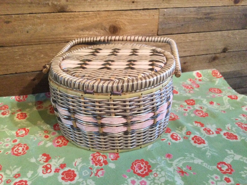 Sewing Basket Box Pink Round Vintage Childs Etsy