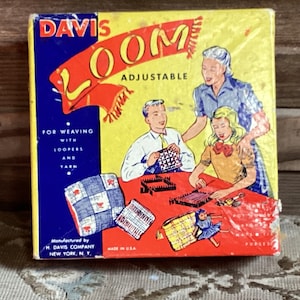 May include: A vintage box for a Davis Loom, an adjustable loom for weaving with loopers and yarn. The box features a colorful illustration of children using the loom and a red and yellow banner with the words "Davis Loom Adjustable".