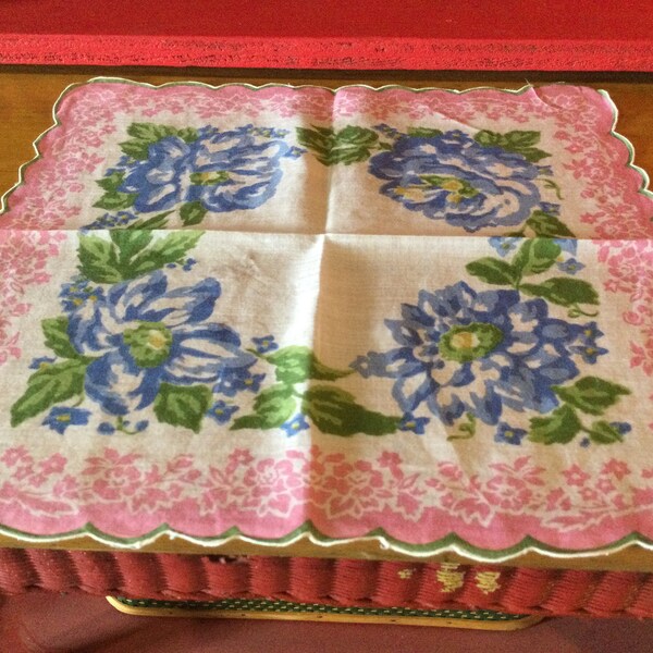 Handkerchief Pink Blue Flowers Vintage