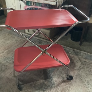 Kitchen Cart Metal Red Chrome Wheeled Vintage