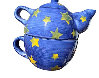Vintage Blue Star Teekanne Tassen-Set, handbemalte Keramik Teeset, wunderliche Stern Teekanne mit passender Tasse, Cottagecore Küchendekor