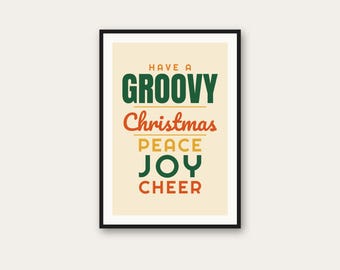 Groovy Christmas Retro Print, Peace Joy Cheer Holiday Wall Art (Digital Download)