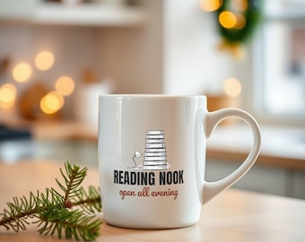 Book Lover Mug, Reading Nook Open All Evening, Bookworm Gift Mug