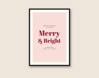 Pink Merry & Bright Printable Christmas Wall Art, Peace Joy Cheer Holiday Print, Instant Download