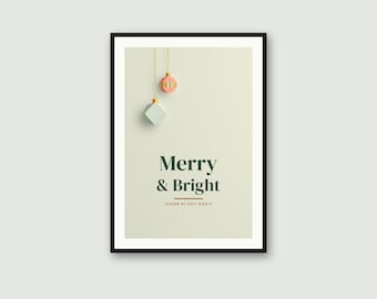 Merry & Bright Printable Christmas Wall Art, Sage Green Modern Holiday Print, Instant Download