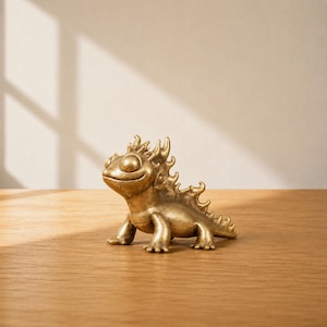 May include: A golden lizard figurine with a smiling expression. The sculpture has detailed scales and a spiky crest along its back. The figurine is displayed on a wooden surface.