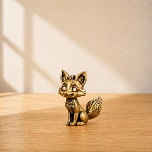May include: A small, detailed brass fox figurine with a whimsical design. The fox is sitting upright with its ears perked and tail curled. The figurine has a textured appearance and is displayed on a wooden surface.