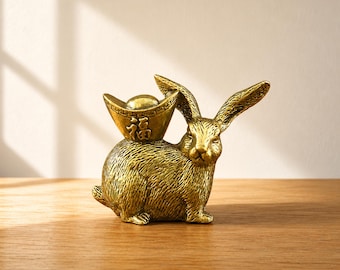 Brass Ingot Rabbit Figurine, Vintage Bunny Sculpture, Antique Home Office Desk Decor, Metal Wealth Mascot, Gift for Him