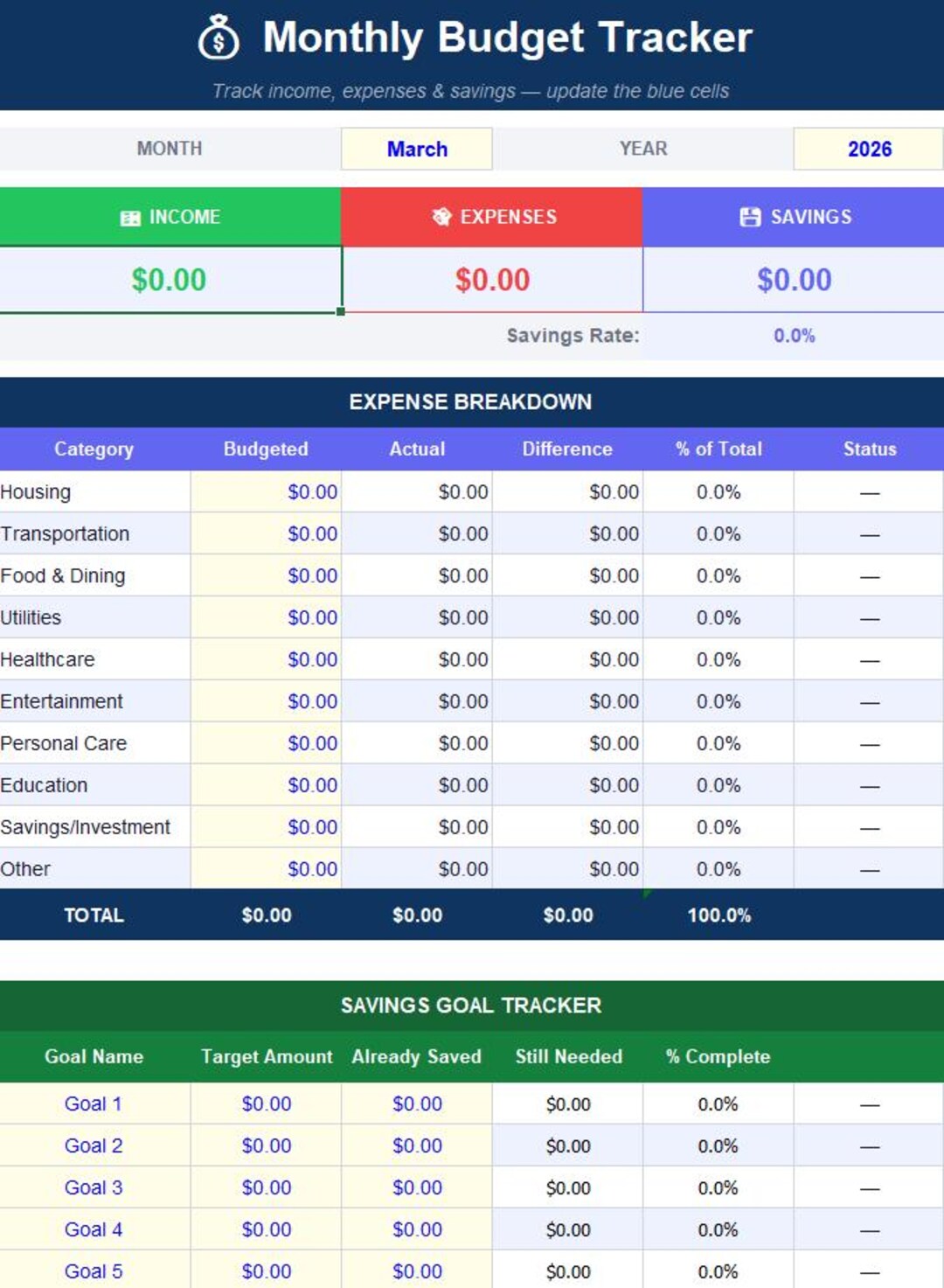 Monthly Budget Tracker | Income & Expense Spreadsheet | Savings Goal ...