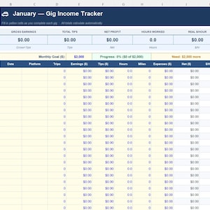 May include: A spreadsheet titled "January - Gig Income Tracker" with columns for earnings, tips, hours, and expenses. The document includes a monthly goal and progress tracker, with all values currently at $0.00.