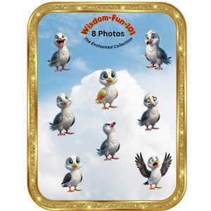 May include: A collection of eight cartoon images of seagulls with various expressions, set against a blue sky background. The images are framed within a gold border with the text "Wisdom-Fun-101" and "The Enchanted Collection".