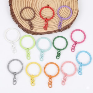 May include: A collection of colorful keychains in various shades, including brown, red, purple, white, green, blue, pink, gray, yellow, and orange. Each keychain features a circular ring and a chain link attachment.
