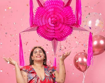 XL Hot Pink Piñata - Handmade Mexican Fiesta Decor for Birthdays, Quinceañera, Bachelorette - Rope Included