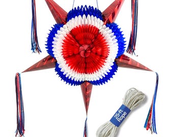 Pinhata Patriótica Americana Vermelha, Branca e Azul | Pinhata Estrela Mexicana Grande de 81 cm (32") Feita à Mão