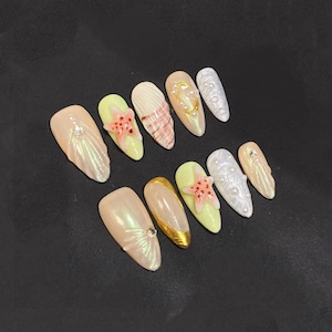 Mintgröna sjöstjärnnaglar, mandelformade 3D-skalnaglar, återanvändbara handgjorda lyxiga lösnaglar