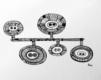 May include: Black and white abstract ink drawing featuring interconnected oval shapes with intricate patterns. The artwork, signed "tina," has a minimalist style, with each shape containing detailed geometric designs.